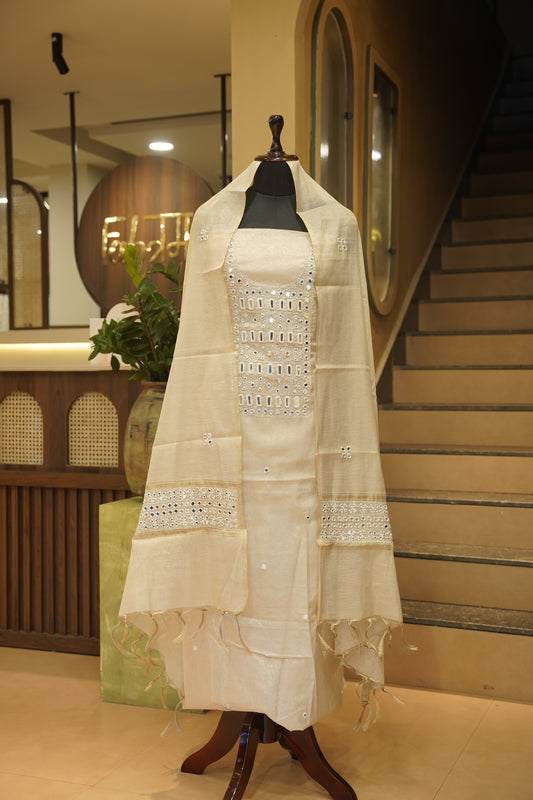 Golden Tissue Suit with Mirror Work