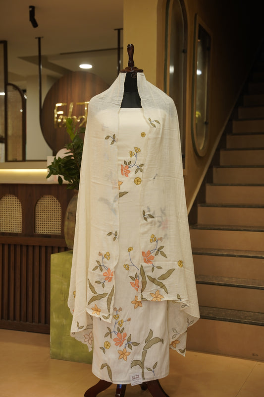 Off White Linen Suit with Appliqué Work