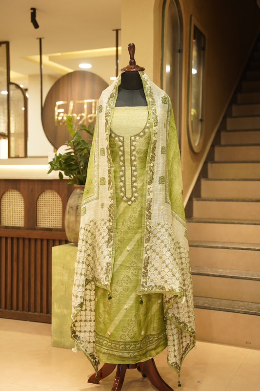 Green Pure Silk Linen Suit with Hand Embroidery