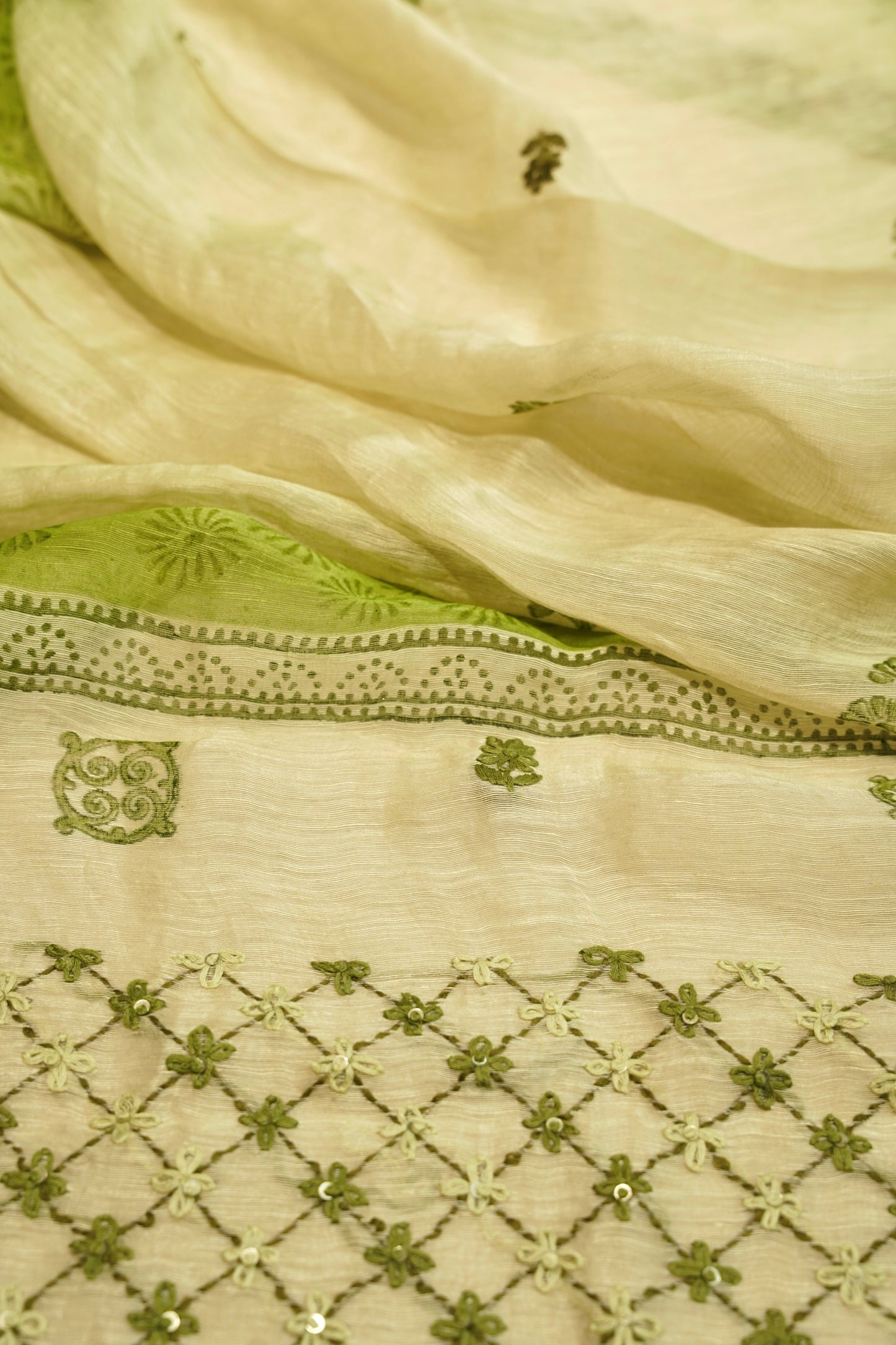 Green Pure Silk Linen Suit with Hand Embroidery