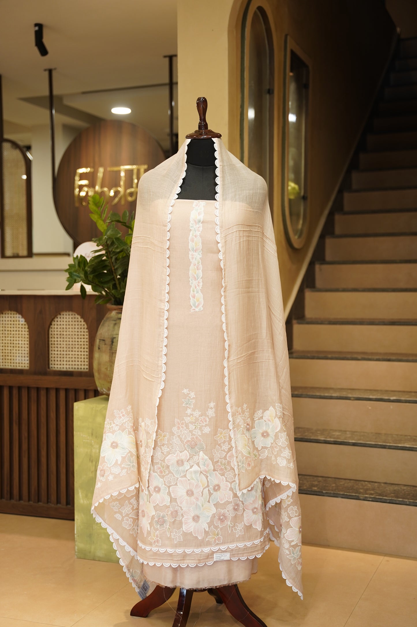 Hand Painted Applique Mul Chanderi Suit