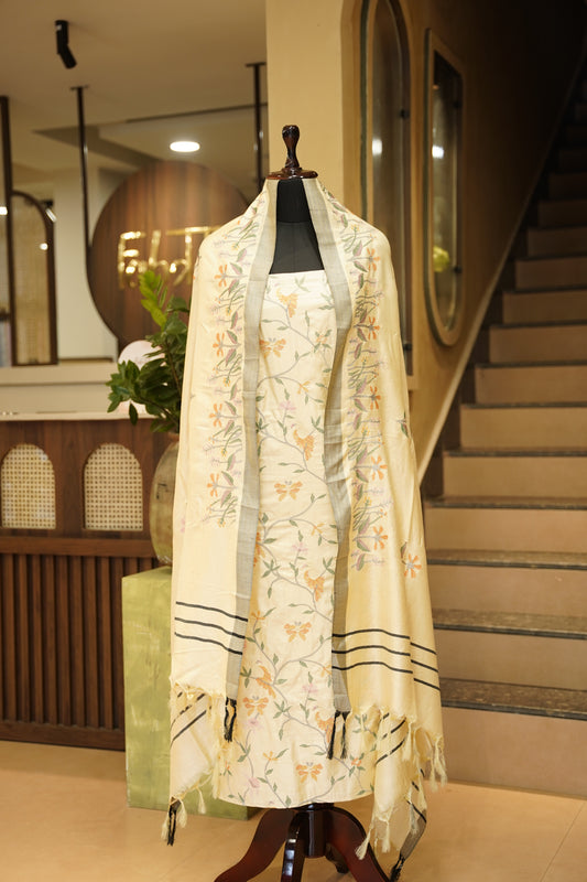 Cream Cotton Silk Suit with Embroidery