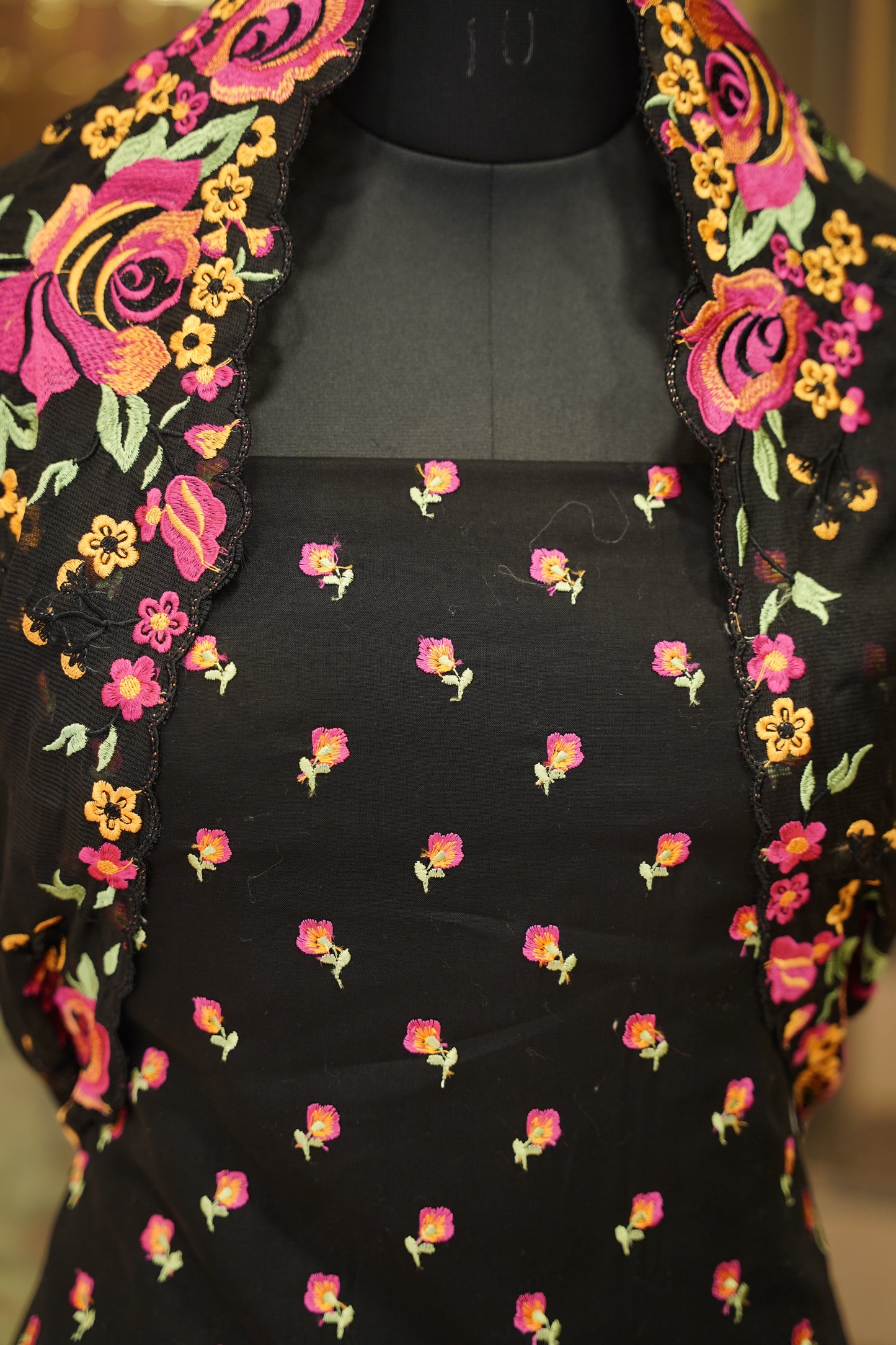 Black Cotton Voile Suit with Embroidery