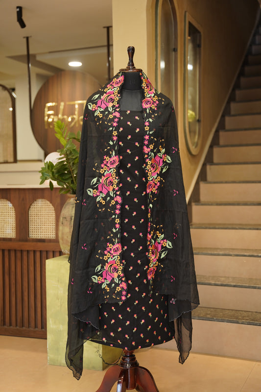 Black Cotton Voile Suit with Embroidery