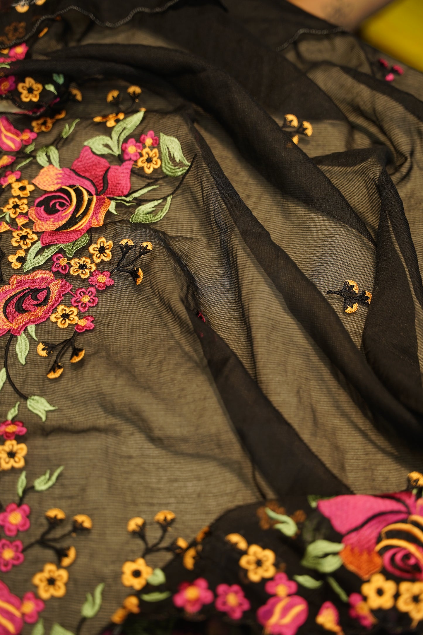 Black Cotton Voile Suit with Embroidery