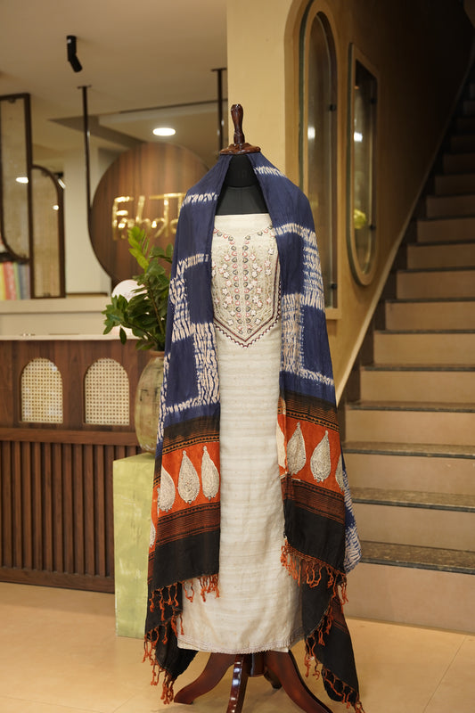 Ivory Art Tussar Suit with Neck Work