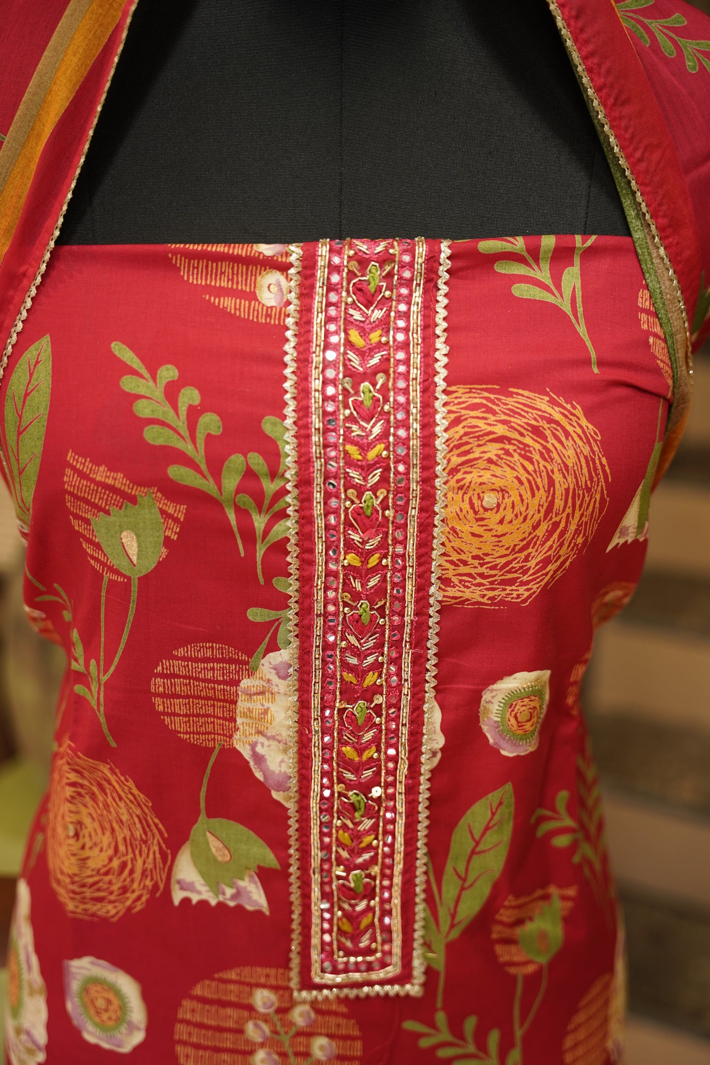 Red Printed Cotton Suit with Neck Tie