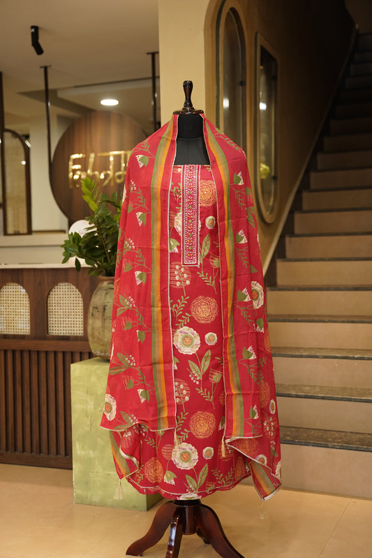Red Printed Cotton Suit with Neck Tie