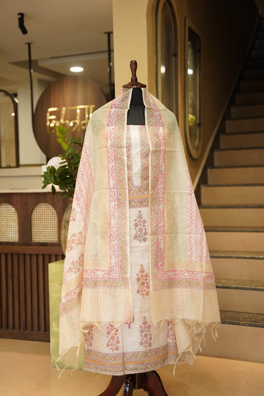 Off White Block Printed Khadi Cotton Suit