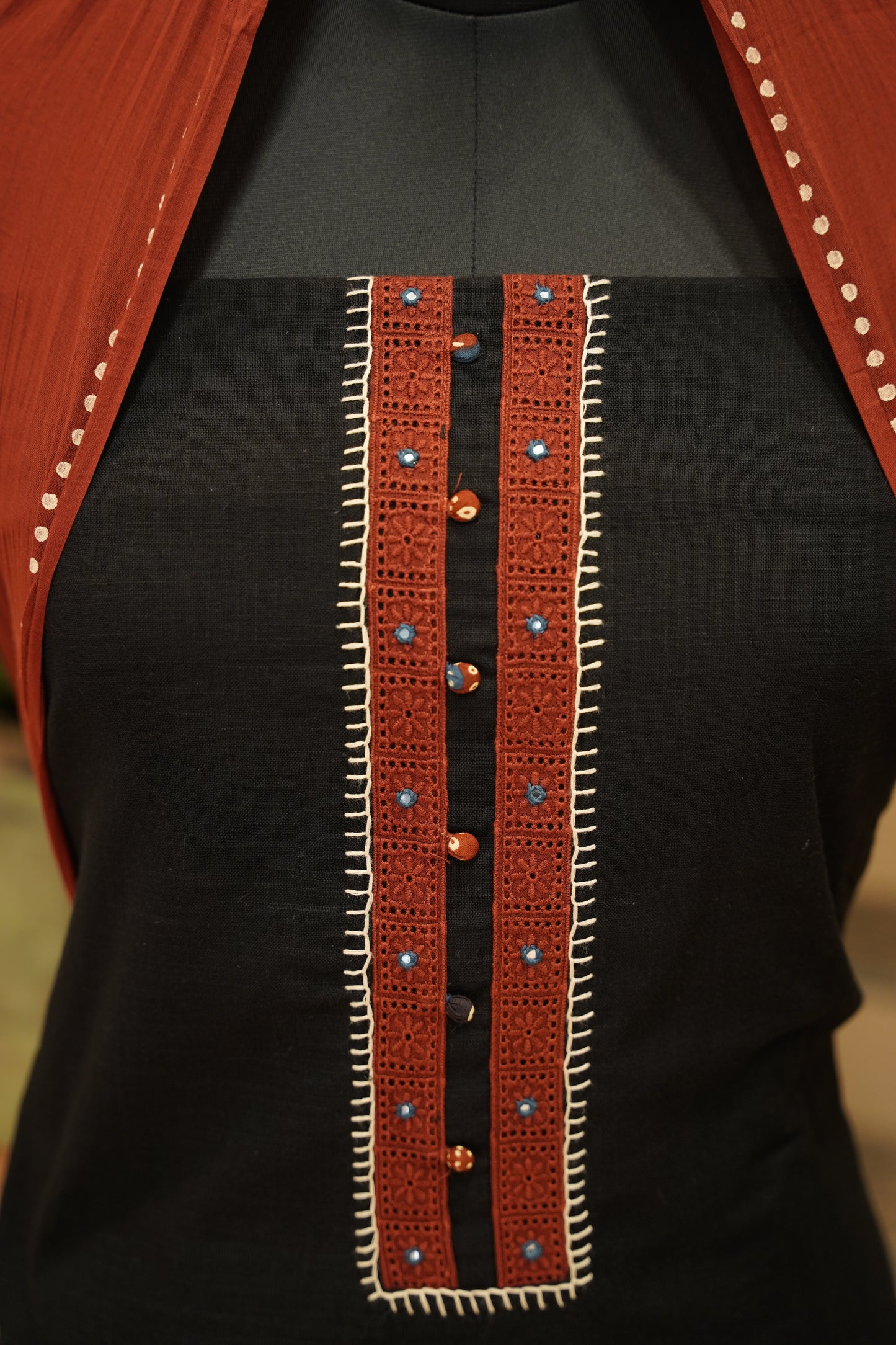 Black Cotton Suit with Neck Tie Work
