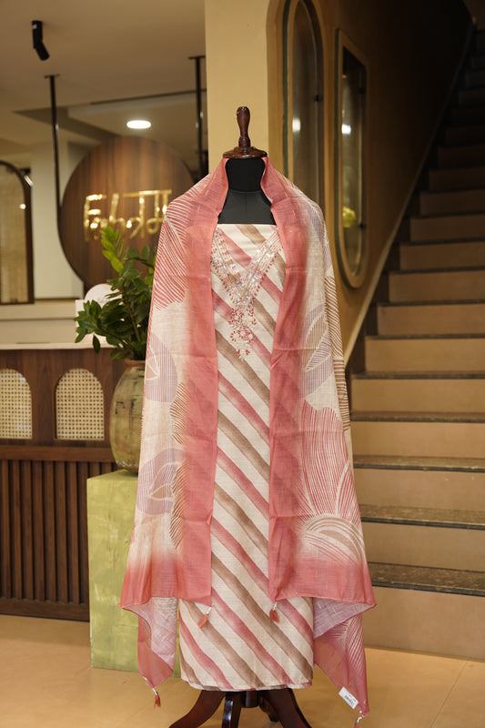 Pink Slub Linen Suit with Neck Work