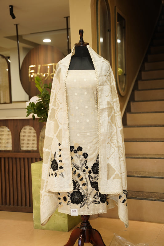 Beige Self Chanderi Suit with Applique Embroidery