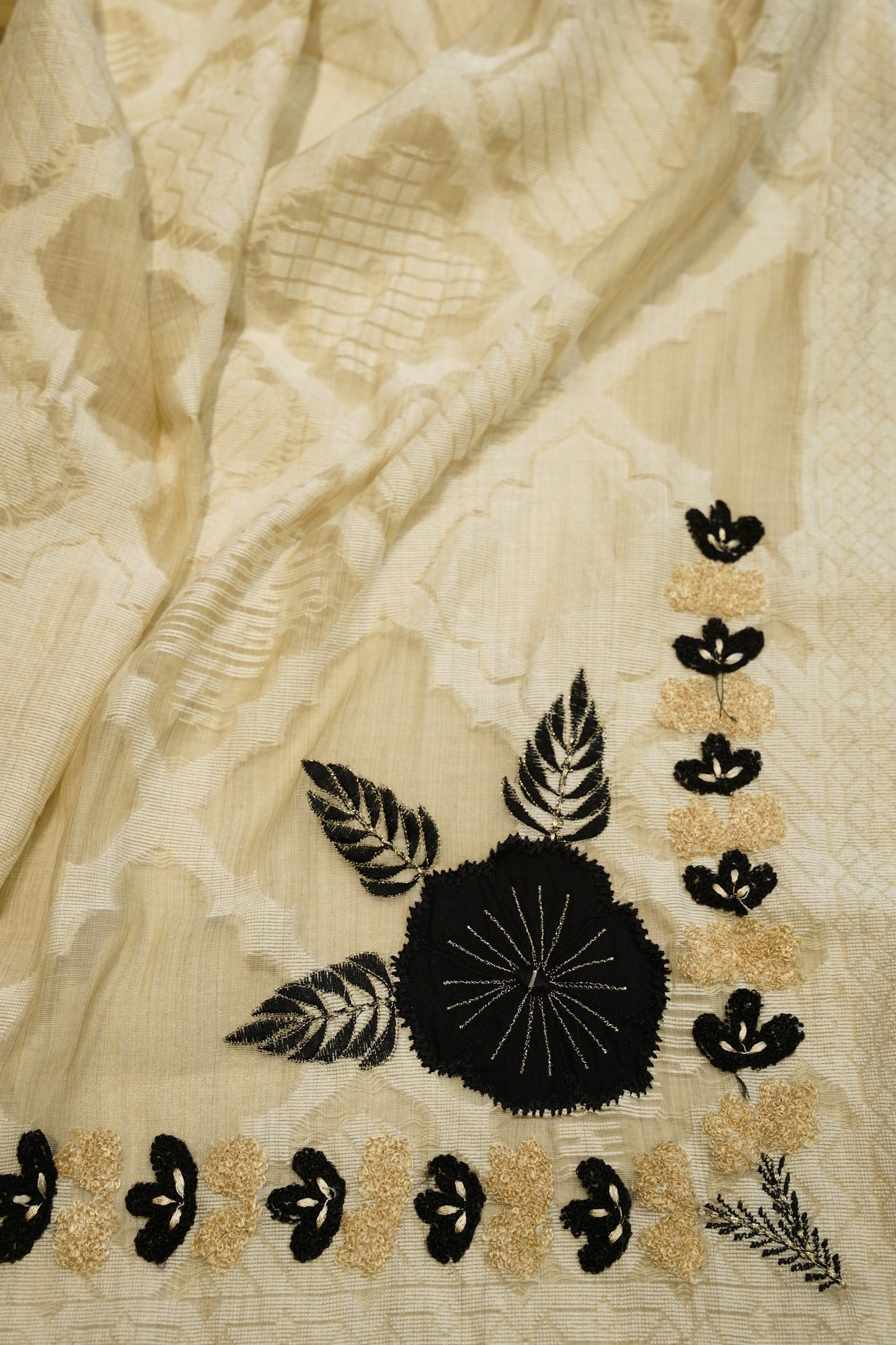 Beige Self Chanderi Suit with Applique Embroidery