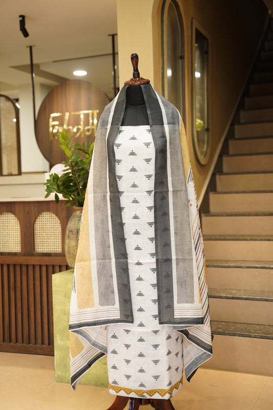 Off White Slub Linen Printed Suit