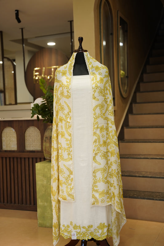 Off White Linen Suit with Applique Cutwork