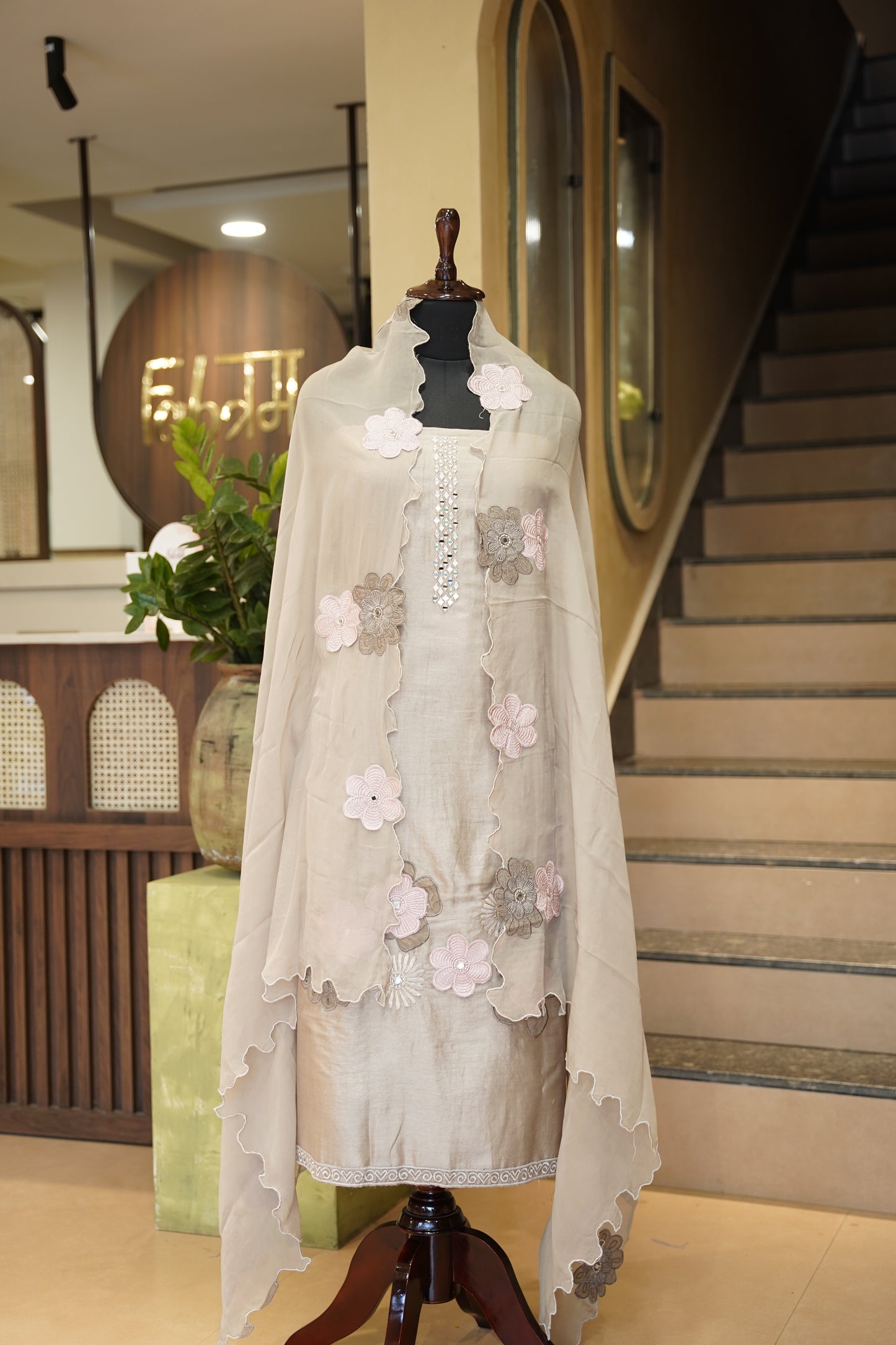 Brown Pure Chanderi Suit with Applique Work