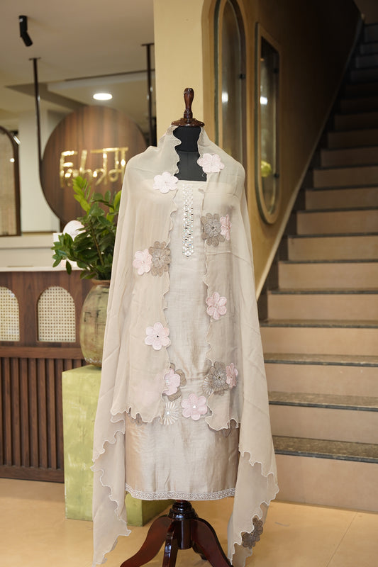 Brown Pure Chanderi Suit with Applique Work