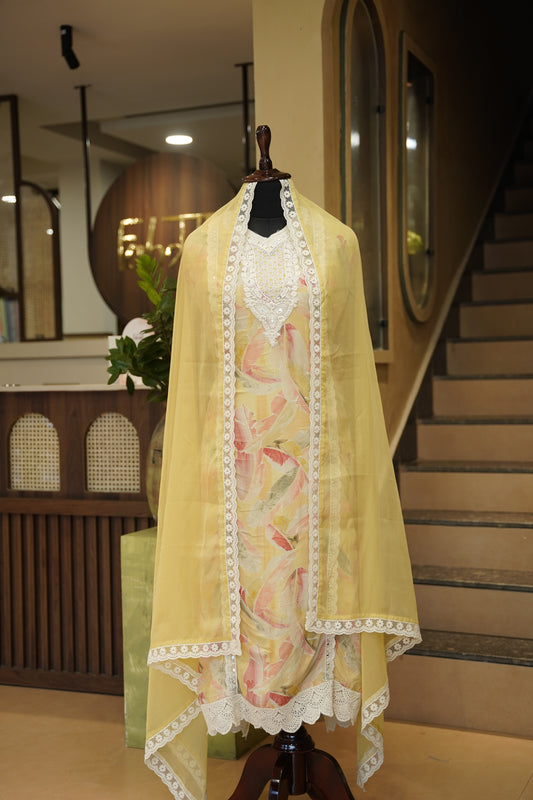 Yellow Printed Muslin Suit with Neck Embroidery