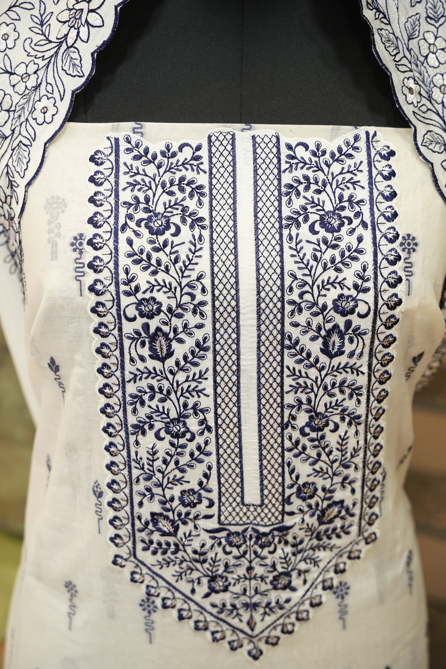 Off White Chanderi Suit with Neck Patch