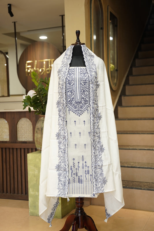 Off White Chanderi Suit with Neck Patch