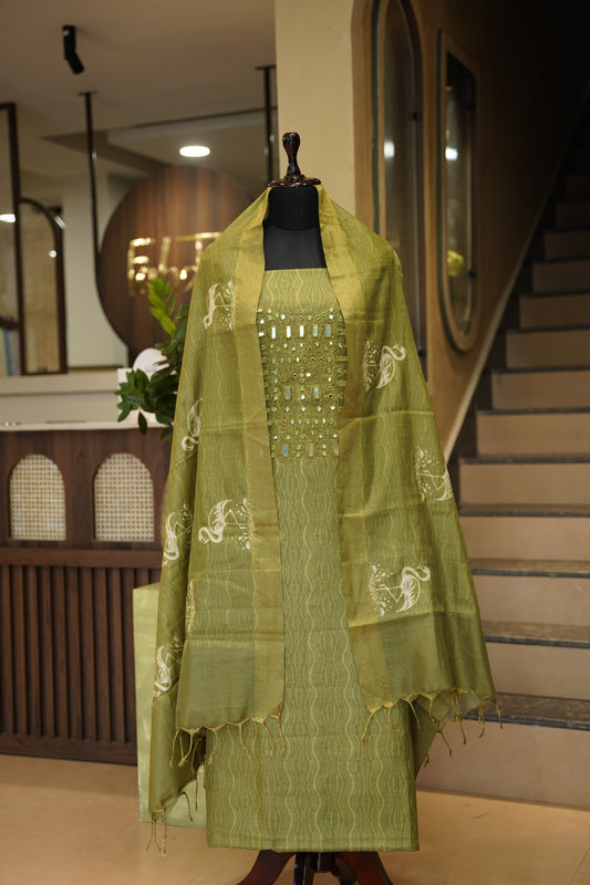 Printed Tissue Suit with Original Mirror Work