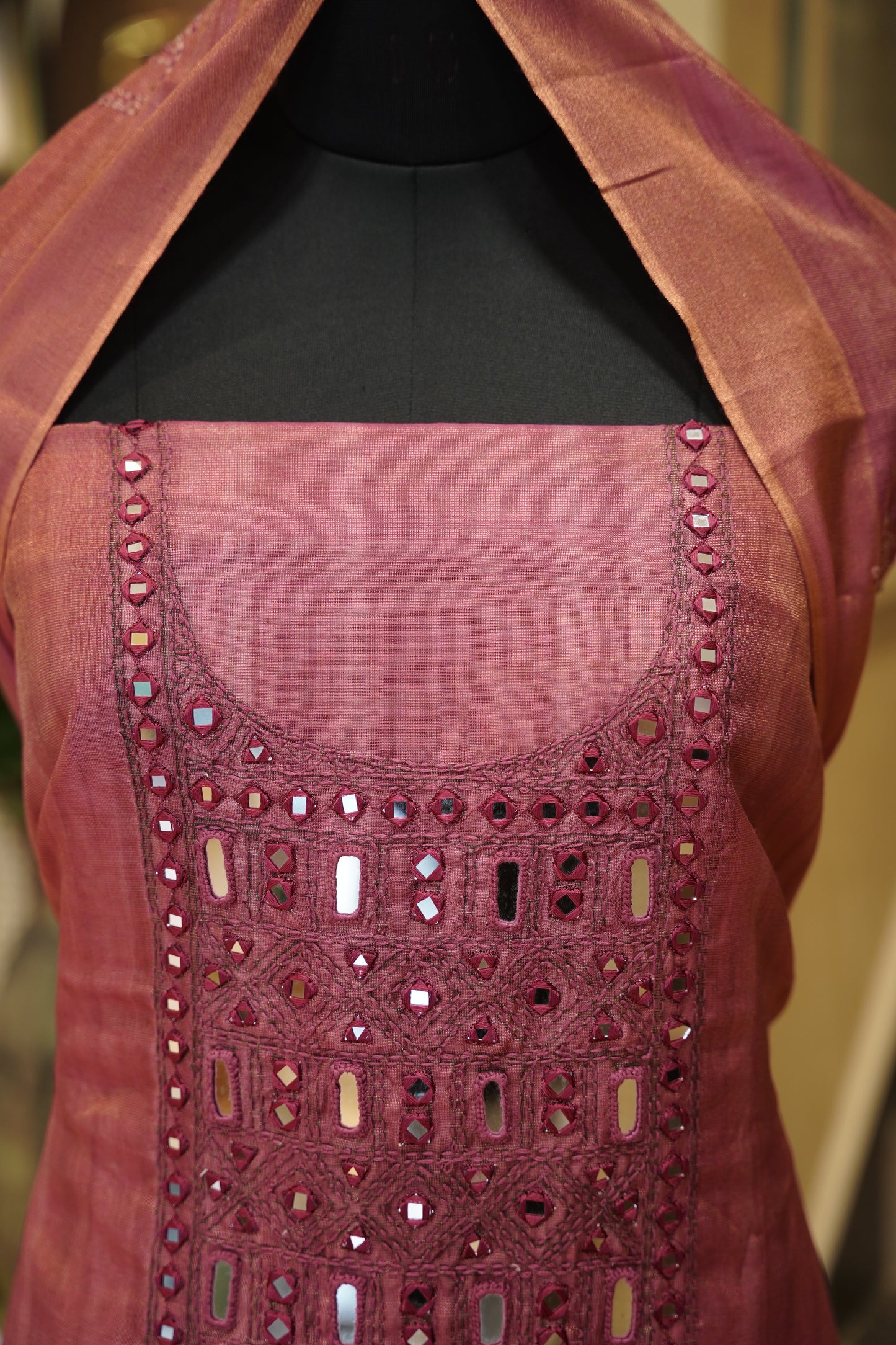 Printed Tissue Suit with Original Mirror Work