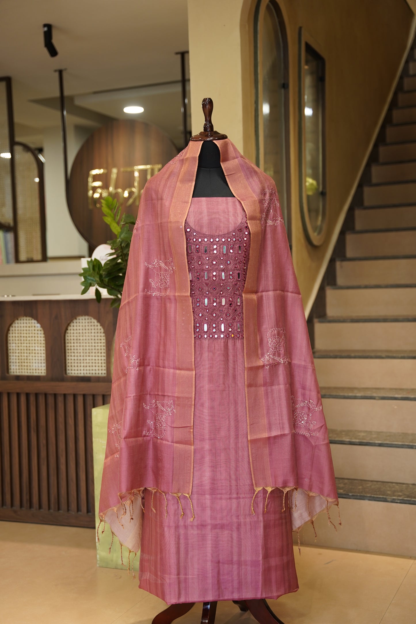 Printed Tissue Suit with Original Mirror Work