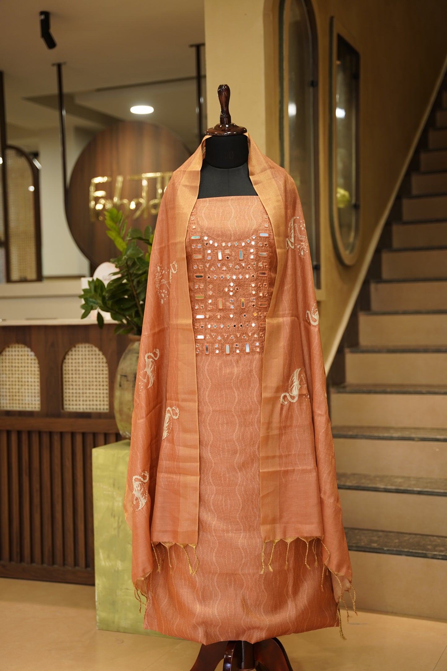 Printed Tissue Suit with Original Mirror Work
