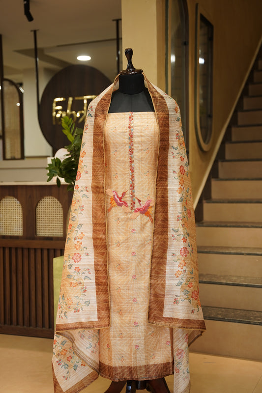 Mustard Art Tussar Suit with Hand Embroidery