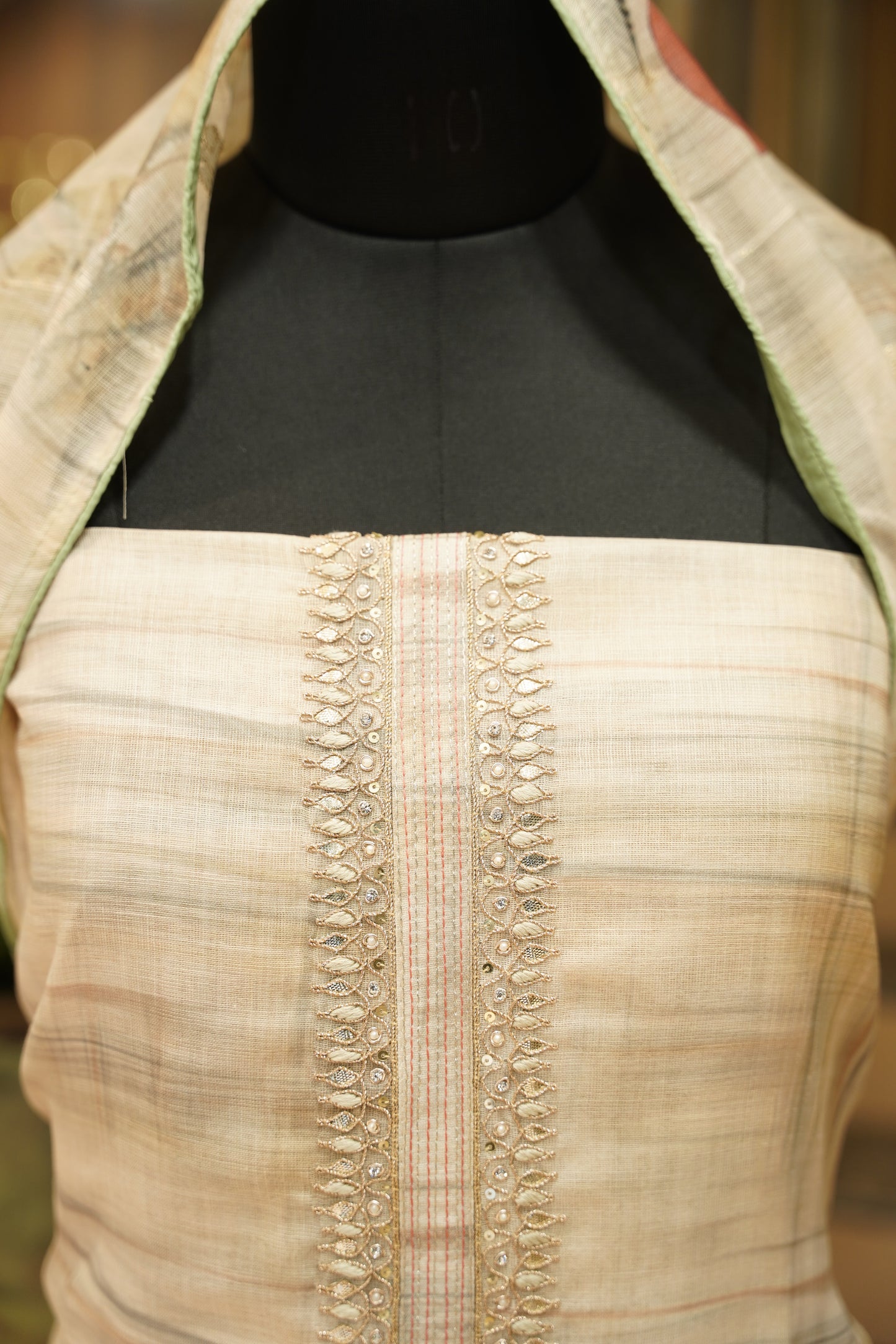 Cream Slub Linen Suit with Neck Gota Work