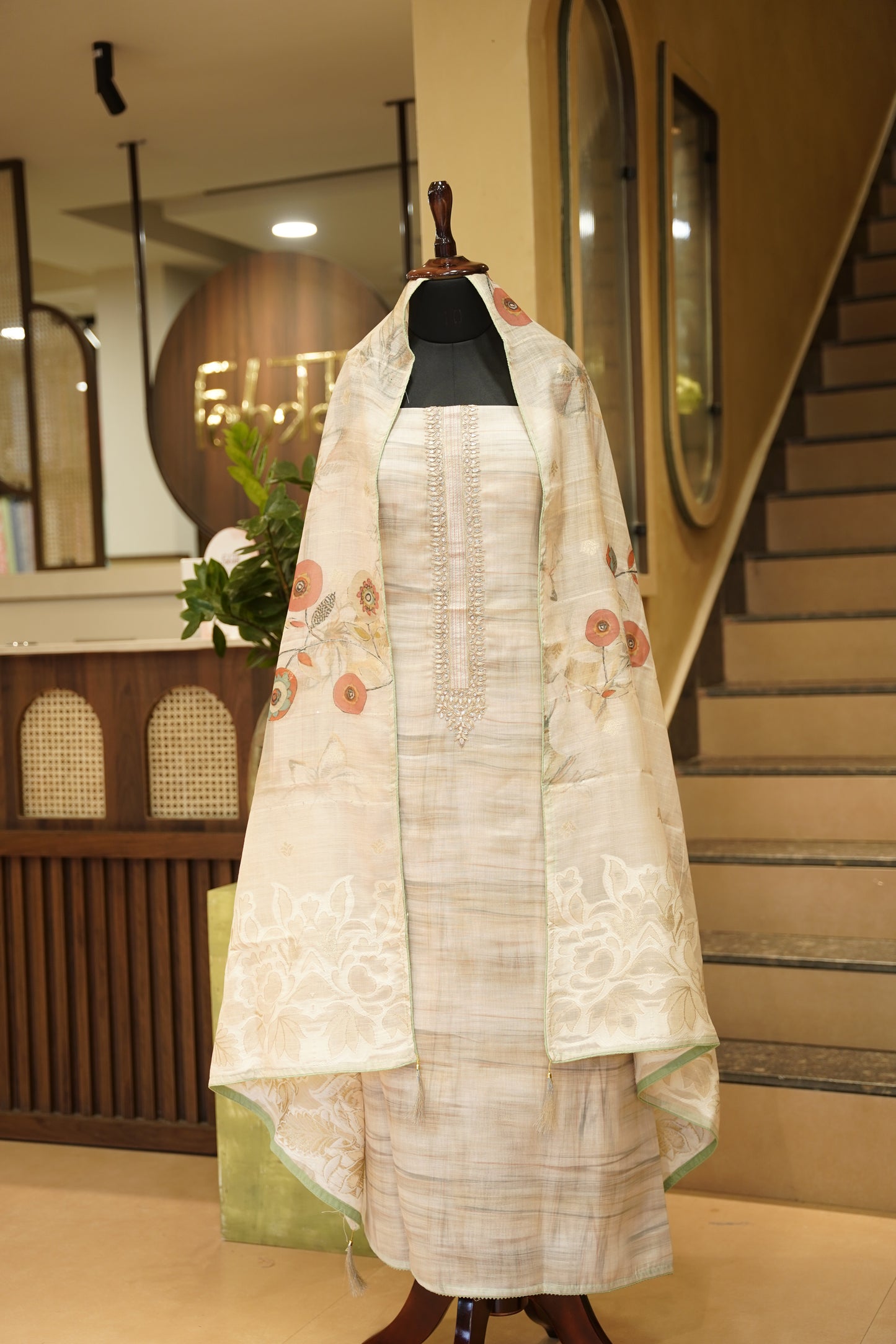 Cream Slub Linen Suit with Neck Gota Work