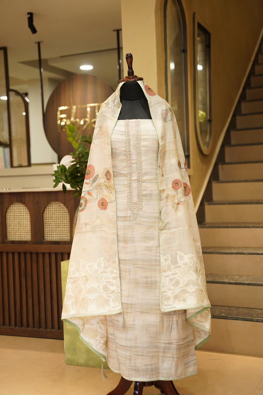 Cream Slub Linen Suit with Neck Gota Work