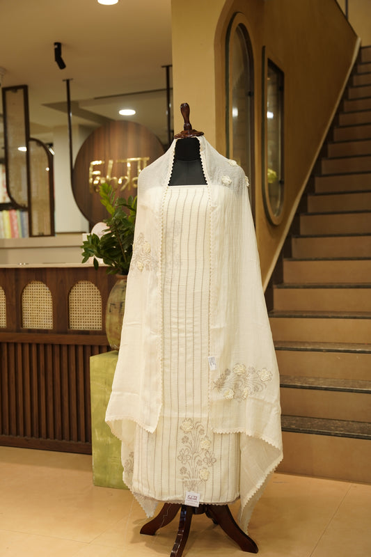 Cream Mul Chanderi Suit with Applique Embroidery