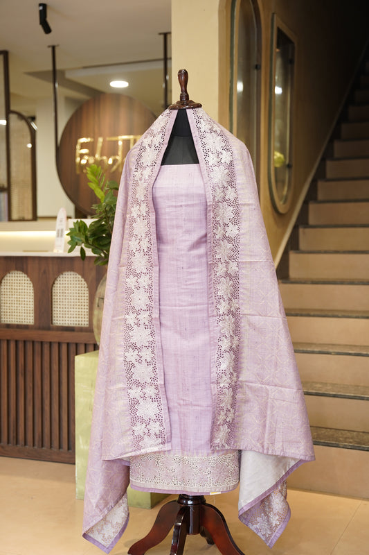 Lavender Art Tussar Suit with Cutwork