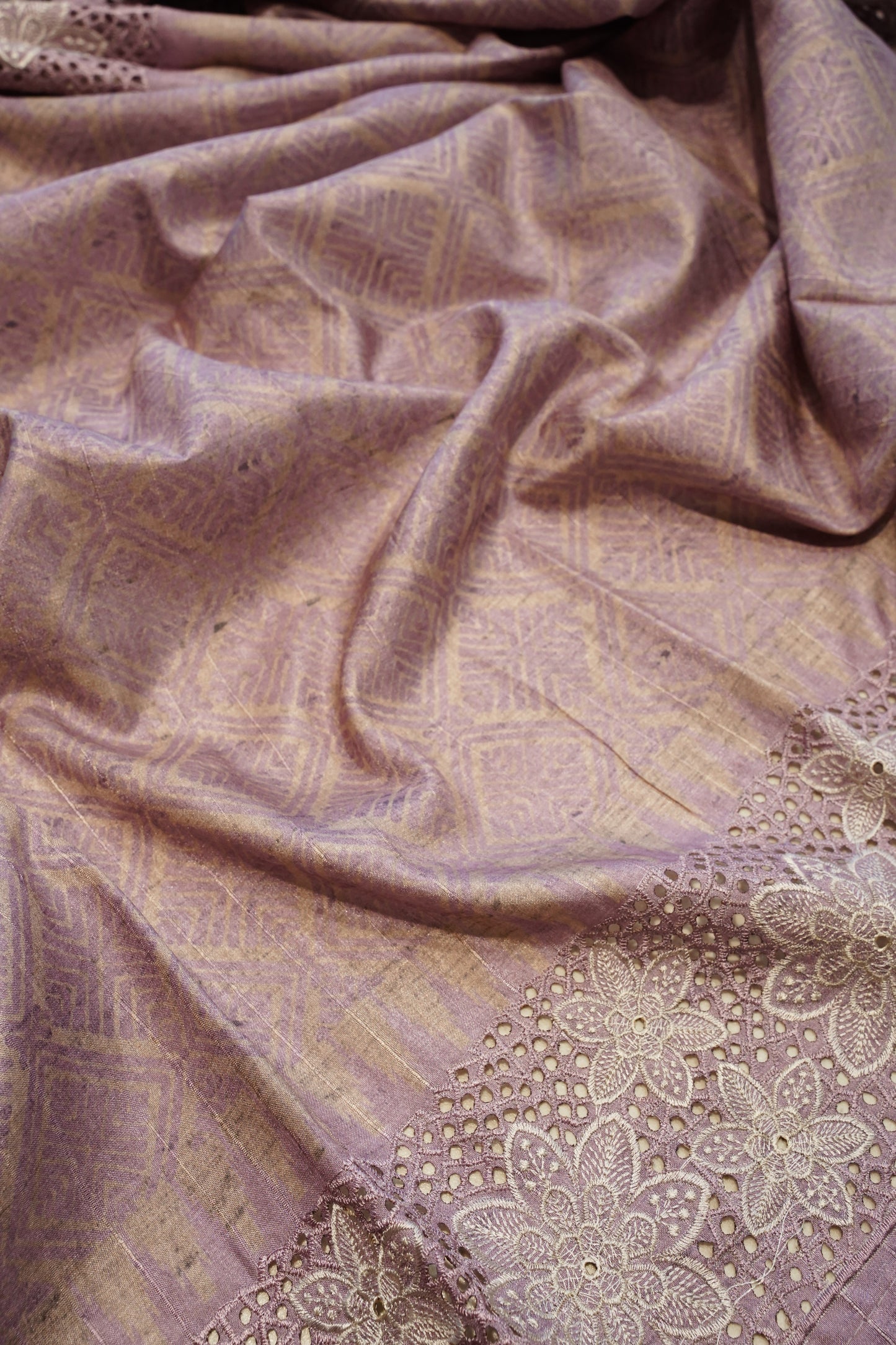 Lavender Art Tussar Suit with Cutwork