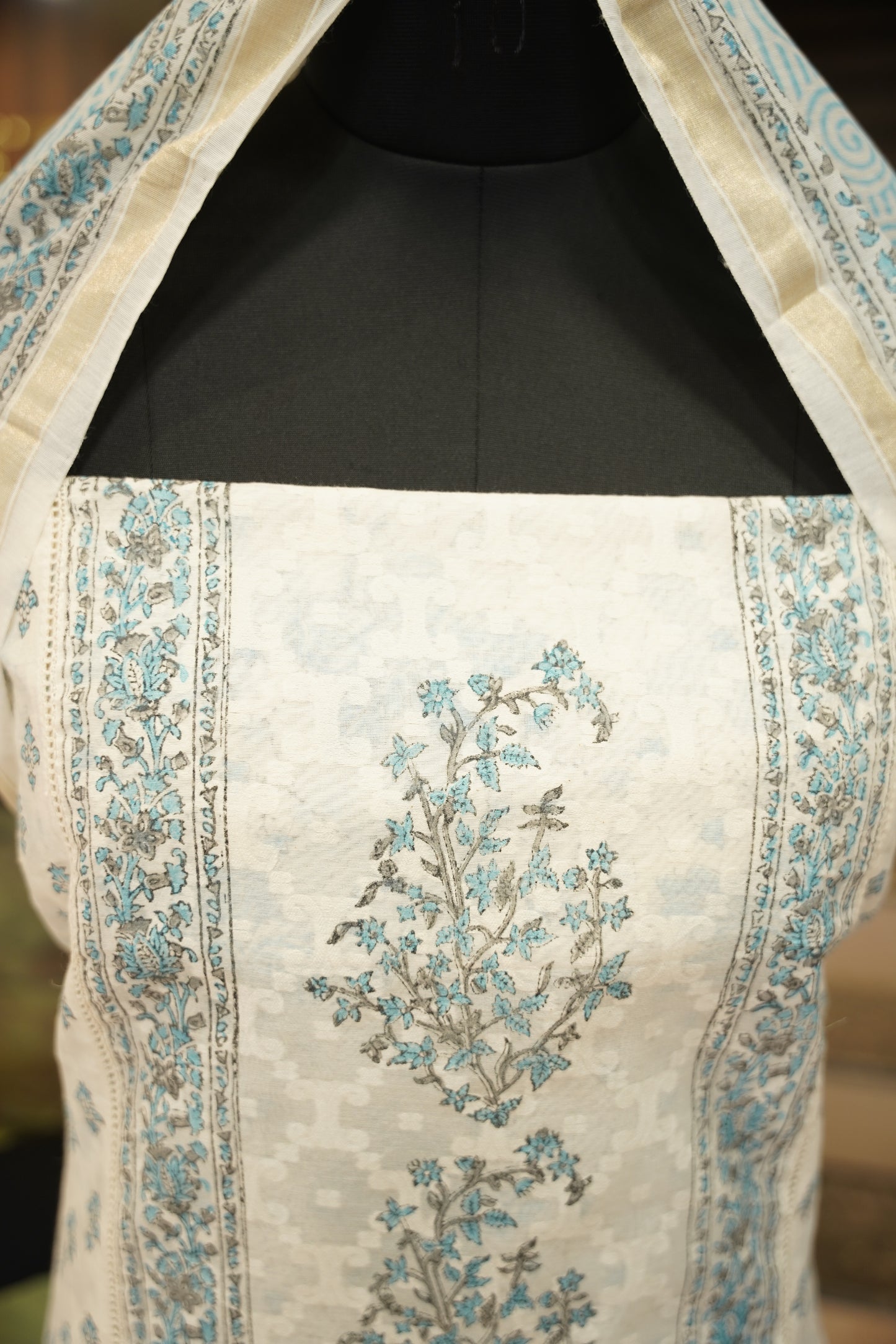 Off White Block Printed Self Chanderi Suit