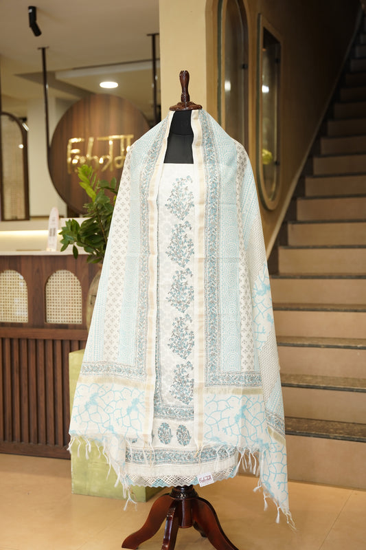 Off White Block Printed Self Chanderi Suit