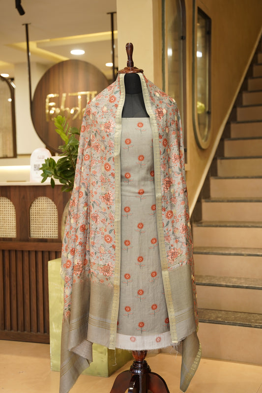 Grey Printed Pure Maheshwari Suit