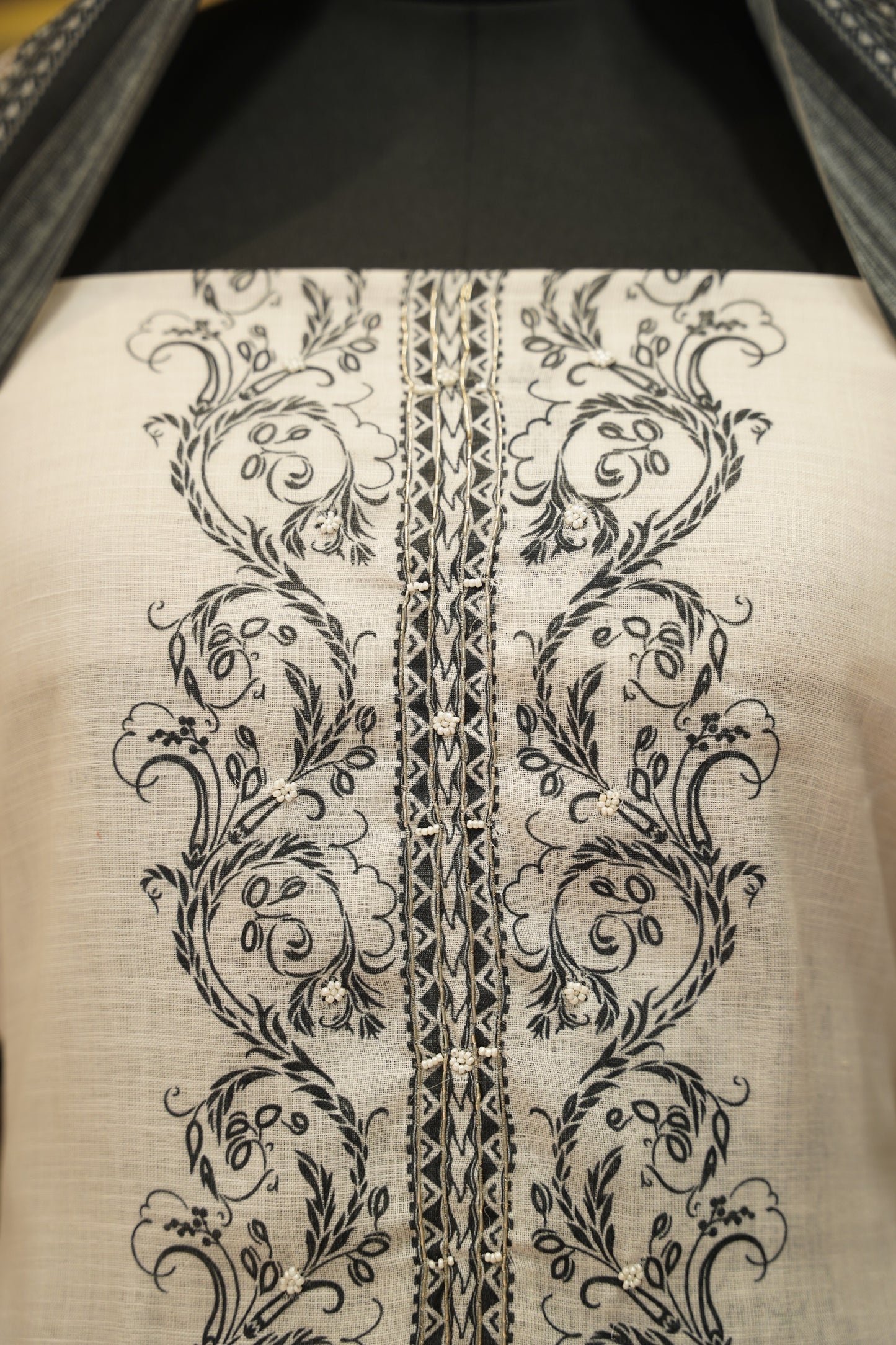 Off White Printed Slub Linen Suit