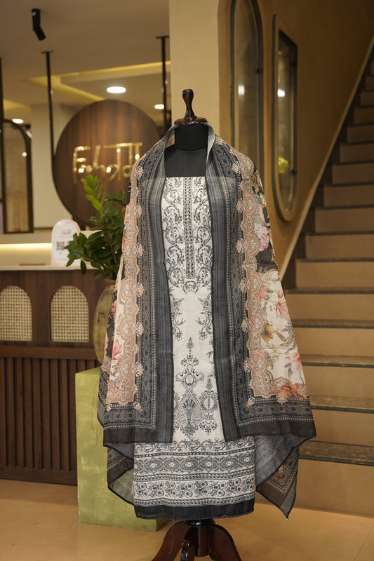 Off White Printed Slub Linen Suit