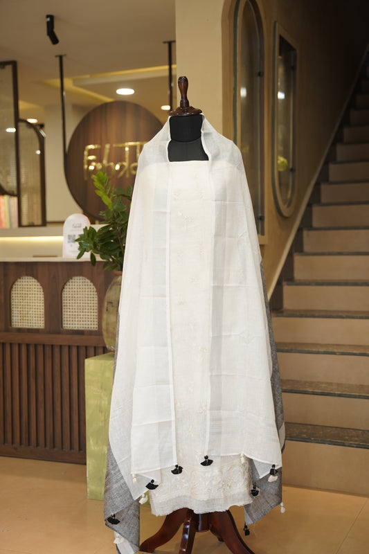 White Pure Linen Embroidered Suit
