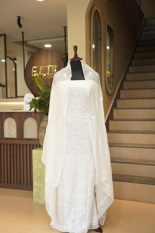 White Lakhnavi Mul Chanderi Suit with Handwork