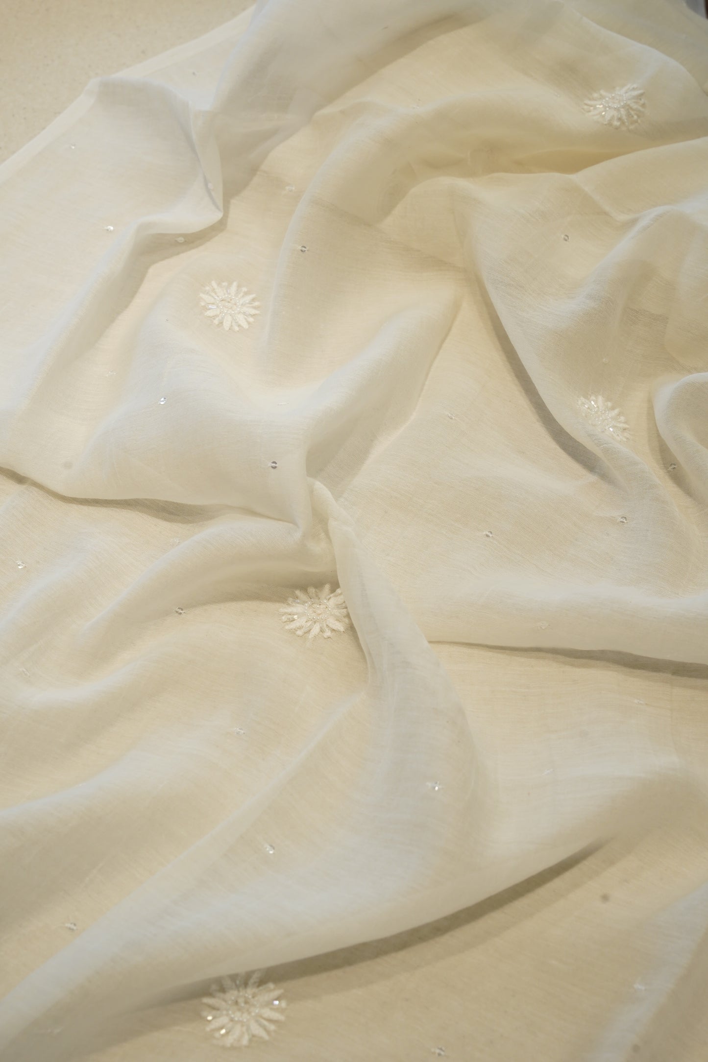 White Lakhnavi Mul Chanderi Suit with Handwork