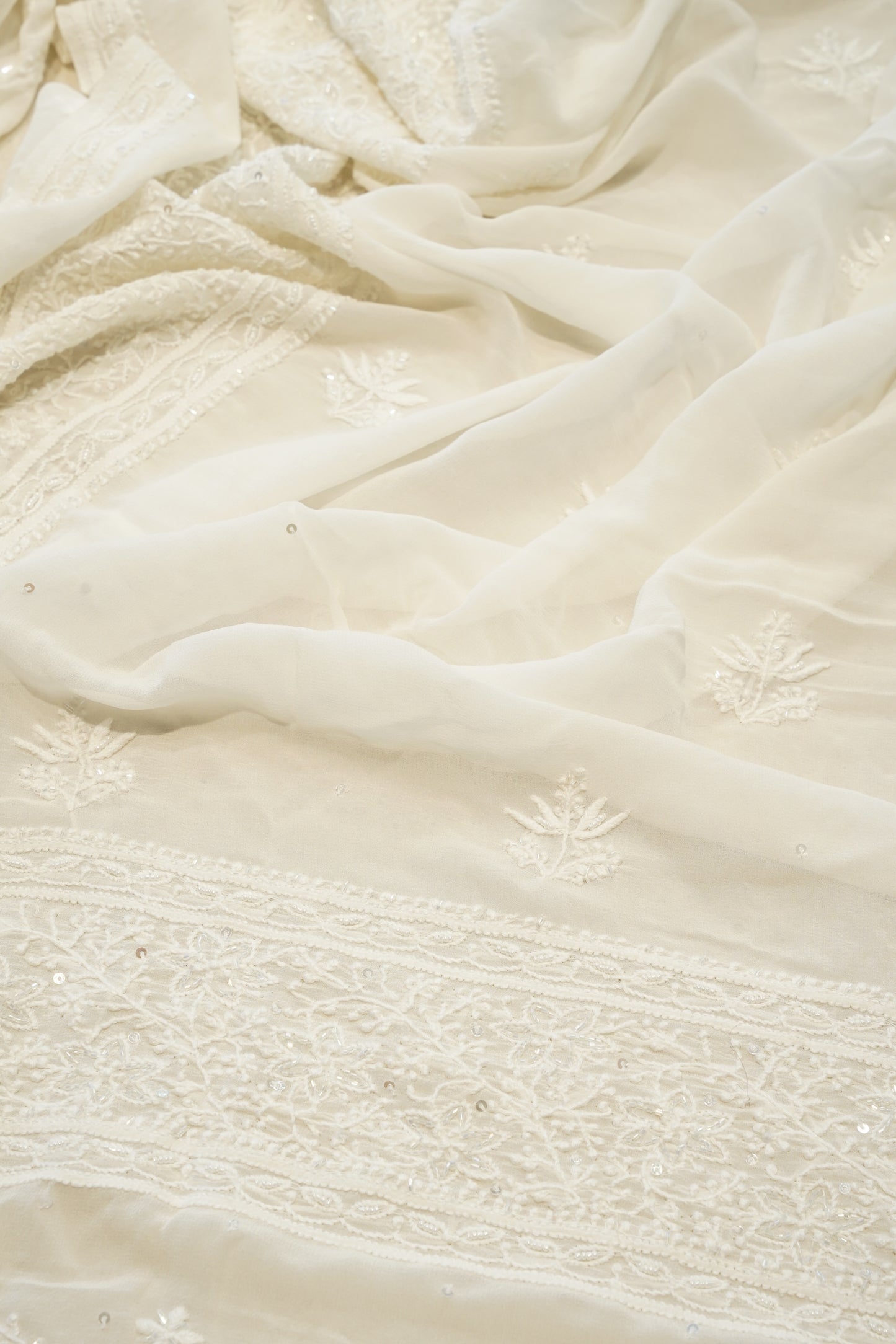 White Lakhnavi Pure Georgette Suit with Neck Work