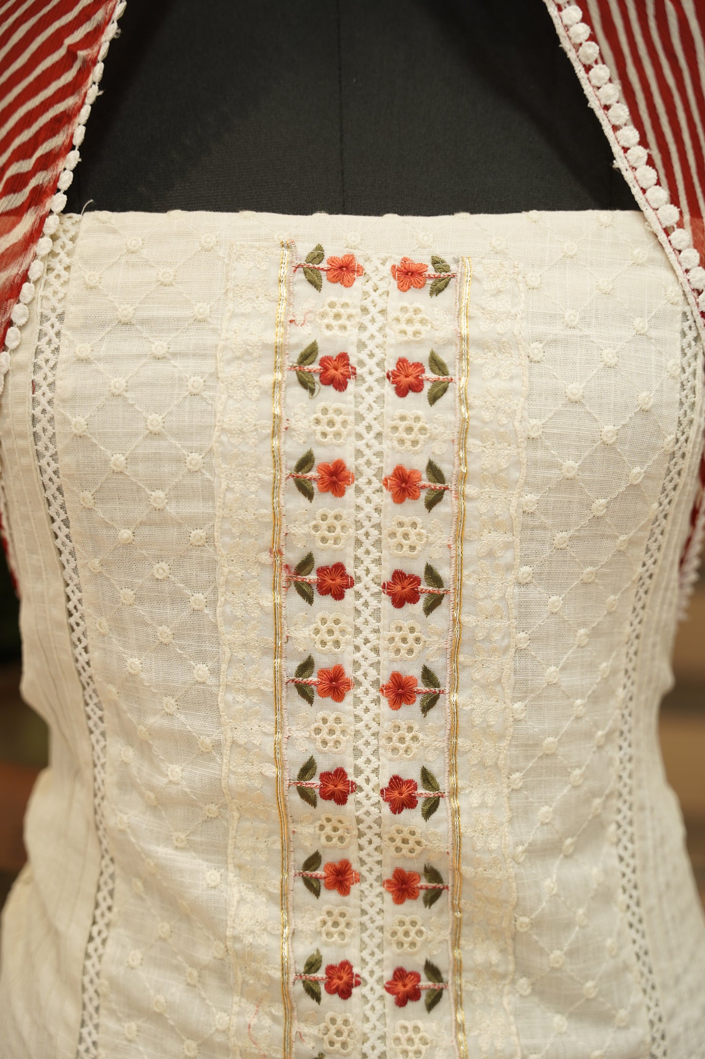 Off White Cotton Embroidered Suit with Neck Tie