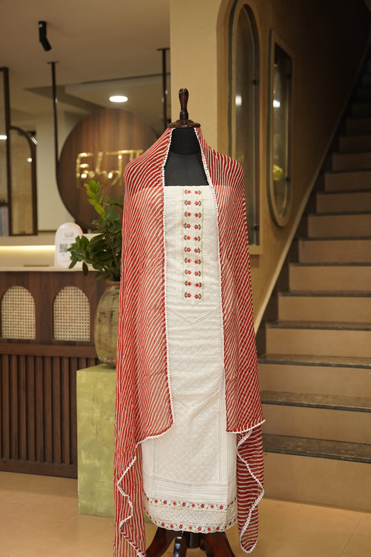 Off White Cotton Embroidered Suit with Neck Tie