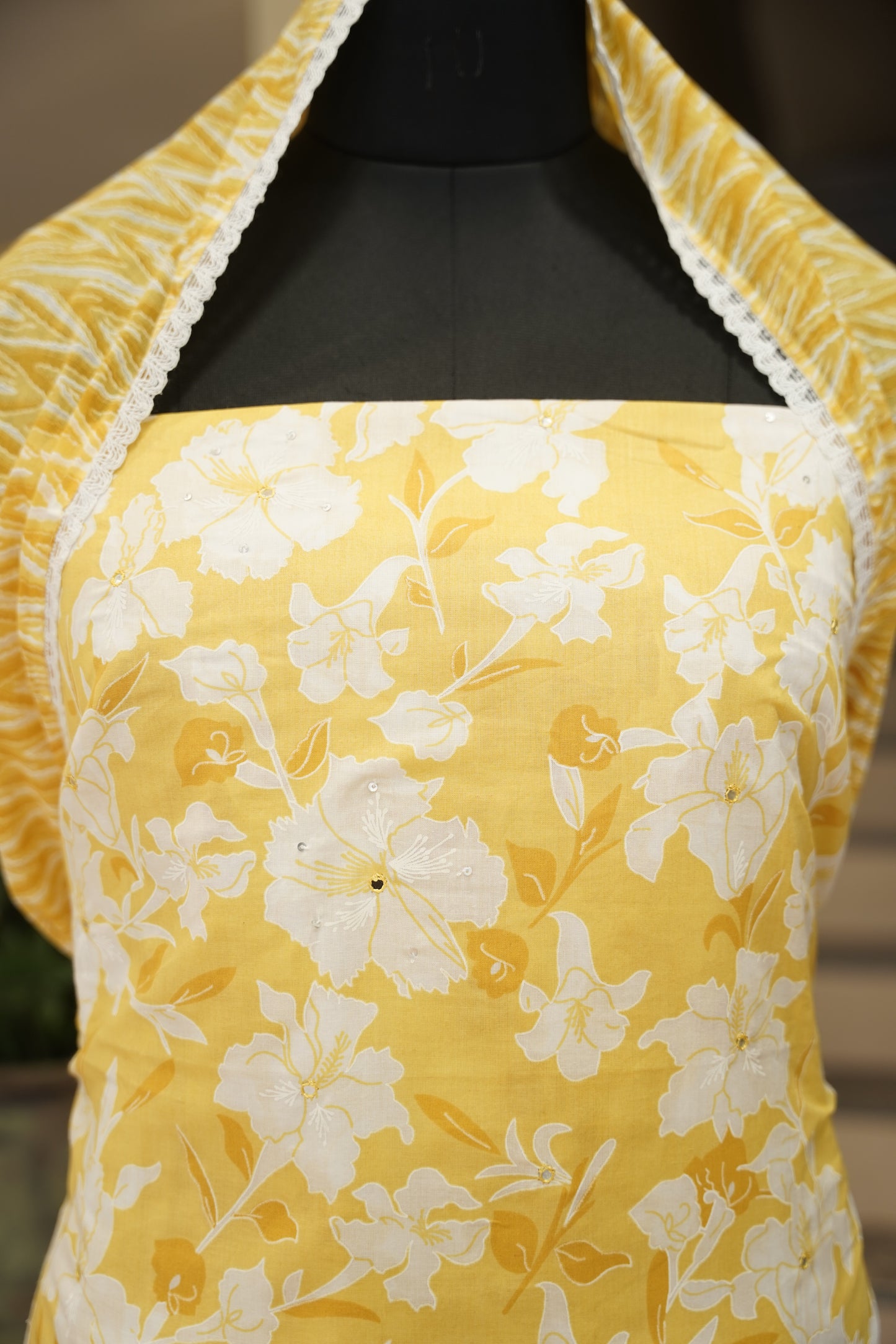 Yellow Printed Cotton Suit with Mirror Work