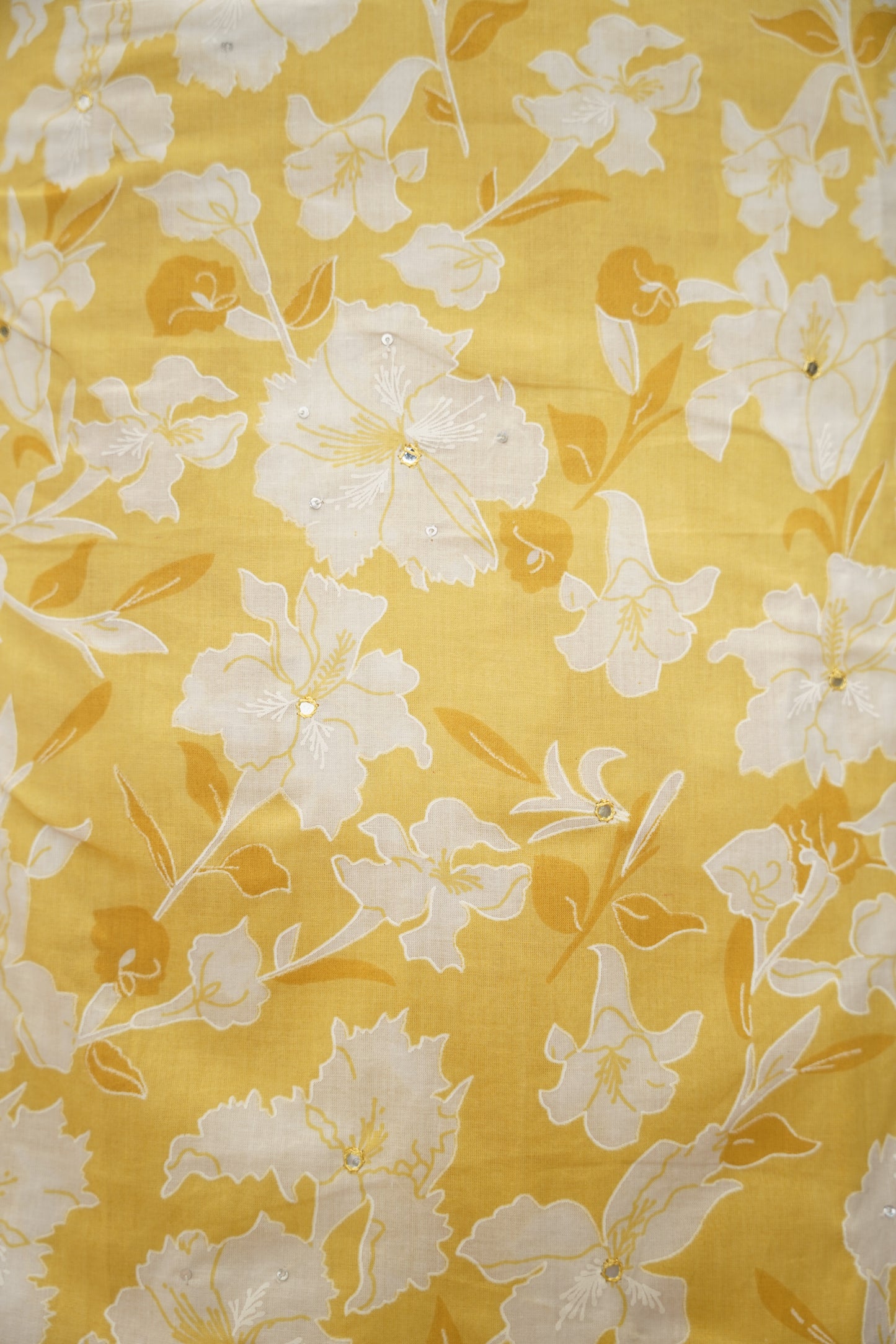 Yellow Printed Cotton Suit with Mirror Work