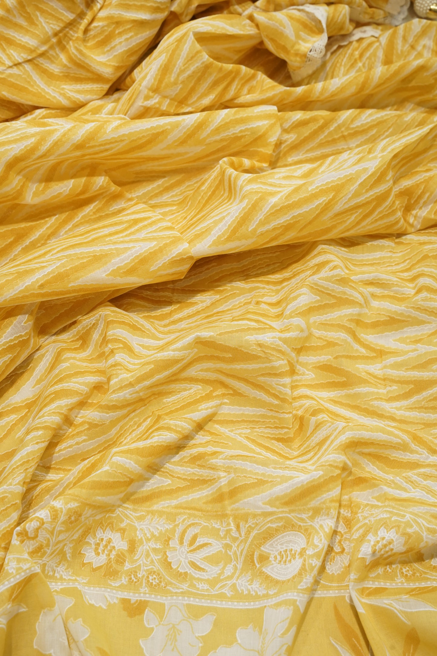 Yellow Printed Cotton Suit with Mirror Work