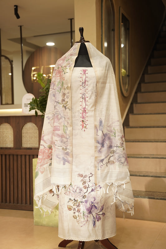 Ivory Printed Art Tussar Suit